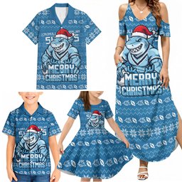 Personalized Cronulla Sharks Christmas Family Matching Summer Maxi Dress and Hawaiian Shirt Australian Rugby Fans - Pixelated Ugly Xmas Pattern Mascot Santa