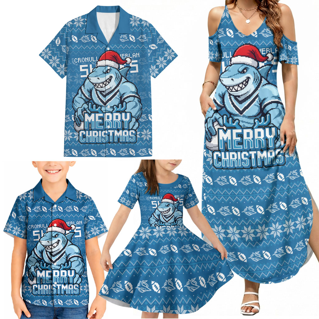 Personalized Cronulla Sharks Christmas Family Matching Summer Maxi Dress and Hawaiian Shirt Australian Rugby Fans - Pixelated Ugly Xmas Pattern Mascot Santa