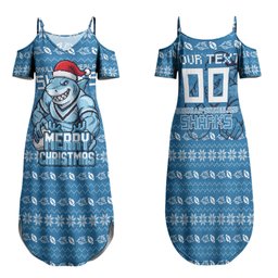 Personalized Cronulla Sharks Christmas Family Matching Summer Maxi Dress and Hawaiian Shirt Australian Rugby Fans - Pixelated Ugly Xmas Pattern Mascot Santa