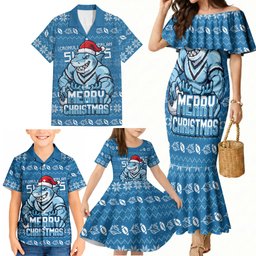 Personalized Cronulla Sharks Christmas Family Matching Mermaid Dress and Hawaiian Shirt Australian Rugby Fans - Pixelated Ugly Xmas Pattern Mascot Santa
