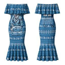 Personalized Cronulla Sharks Christmas Family Matching Mermaid Dress and Hawaiian Shirt Australian Rugby Fans - Pixelated Ugly Xmas Pattern Mascot Santa