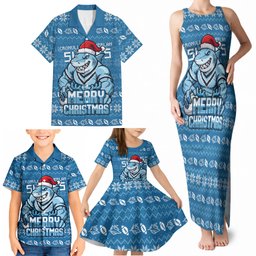 Personalized Cronulla Sharks Christmas Family Matching Tank Maxi Dress and Hawaiian Shirt Australian Rugby Fans - Pixelated Ugly Xmas Pattern Mascot Santa