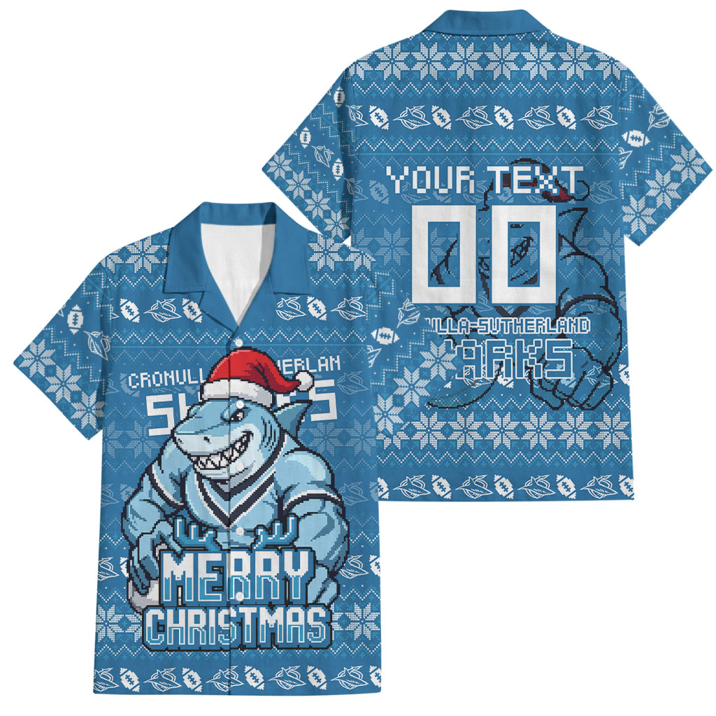 Personalized Cronulla Sharks Christmas Family Matching Mermaid Dress and Hawaiian Shirt Australian Rugby Fans - Pixelated Ugly Xmas Pattern Mascot Santa