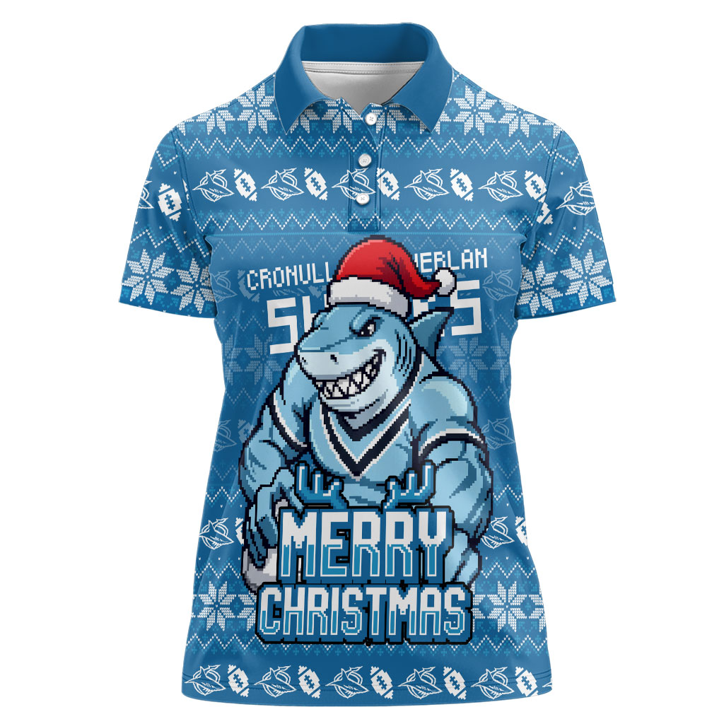 Personalized Cronulla Sharks Christmas Women Polo Shirt Australian Rugby Fans - Pixelated Ugly Xmas Pattern Mascot Santa