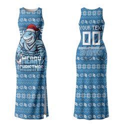 Personalized Cronulla Sharks Christmas Family Matching Tank Maxi Dress and Hawaiian Shirt Australian Rugby Fans - Pixelated Ugly Xmas Pattern Mascot Santa