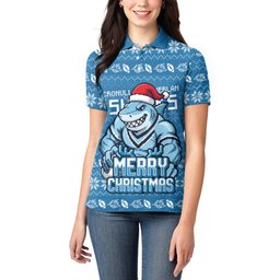 Personalized Cronulla Sharks Christmas Women Polo Shirt Australian Rugby Fans - Pixelated Ugly Xmas Pattern Mascot Santa