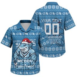 Personalized Cronulla Sharks Christmas Family Matching Mermaid Dress and Hawaiian Shirt Australian Rugby Fans - Pixelated Ugly Xmas Pattern Mascot Santa