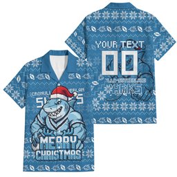 Personalized Cronulla Sharks Christmas Family Matching Tank Maxi Dress and Hawaiian Shirt Australian Rugby Fans - Pixelated Ugly Xmas Pattern Mascot Santa