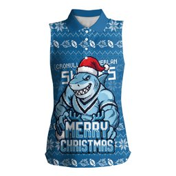 Personalized Cronulla Sharks Christmas Women Sleeveless Polo Shirt Australian Rugby Fans - Pixelated Ugly Xmas Pattern Mascot Santa