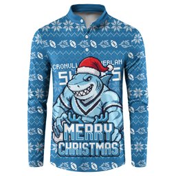 Personalized Cronulla Sharks Christmas Button Sweatshirt Australian Rugby Fans - Pixelated Ugly Xmas Pattern Mascot Santa