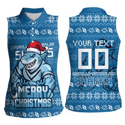 Personalized Cronulla Sharks Christmas Women Sleeveless Polo Shirt Australian Rugby Fans - Pixelated Ugly Xmas Pattern Mascot Santa