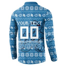 Personalized Cronulla Sharks Christmas Button Sweatshirt Australian Rugby Fans - Pixelated Ugly Xmas Pattern Mascot Santa