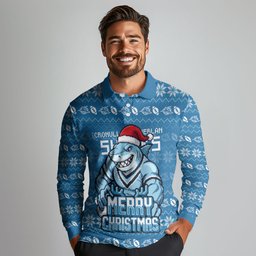 Personalized Cronulla Sharks Christmas Long Sleeve Polo Shirt Australian Rugby Fans - Pixelated Ugly Xmas Pattern Mascot Santa