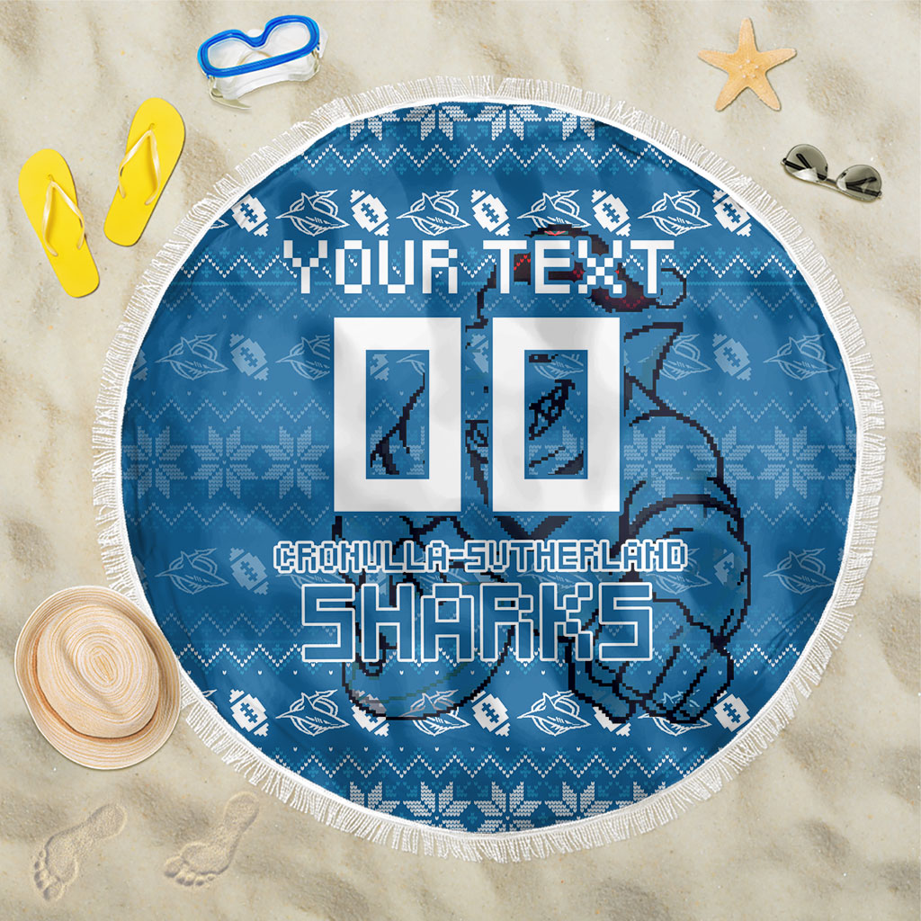 Personalized Cronulla Sharks Christmas Beach Blanket Australian Rugby Fans - Pixelated Ugly Xmas Pattern Mascot Santa