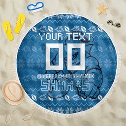 Personalized Cronulla Sharks Christmas Beach Blanket Australian Rugby Fans - Pixelated Ugly Xmas Pattern Mascot Santa