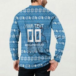 Personalized Cronulla Sharks Christmas Button Sweatshirt Australian Rugby Fans - Pixelated Ugly Xmas Pattern Mascot Santa