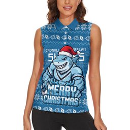 Personalized Cronulla Sharks Christmas Women Sleeveless Polo Shirt Australian Rugby Fans - Pixelated Ugly Xmas Pattern Mascot Santa