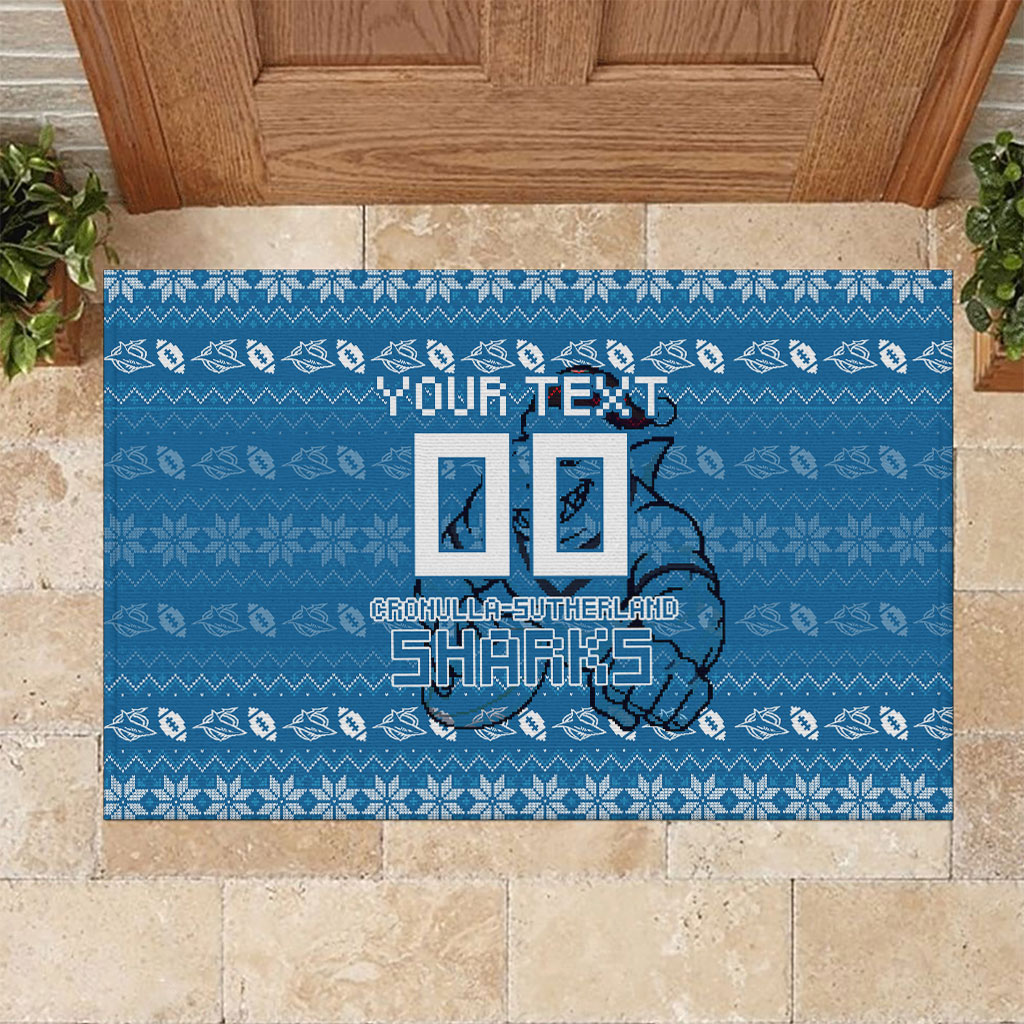 Personalized Cronulla Sharks Christmas Rubber Doormat Australian Rugby Fans - Pixelated Ugly Xmas Pattern Mascot Santa