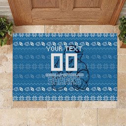 Personalized Cronulla Sharks Christmas Rubber Doormat Australian Rugby Fans - Pixelated Ugly Xmas Pattern Mascot Santa
