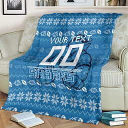 Personalized Cronulla Sharks Christmas Blanket Australian Rugby Fans - Pixelated Ugly Xmas Pattern Mascot Santa