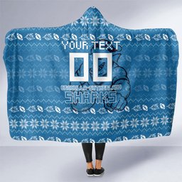 Personalized Cronulla Sharks Christmas Hooded Blanket Australian Rugby Fans - Pixelated Ugly Xmas Pattern Mascot Santa