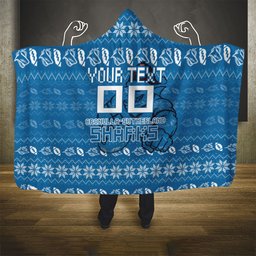 Personalized Cronulla Sharks Christmas Hooded Blanket Australian Rugby Fans - Pixelated Ugly Xmas Pattern Mascot Santa