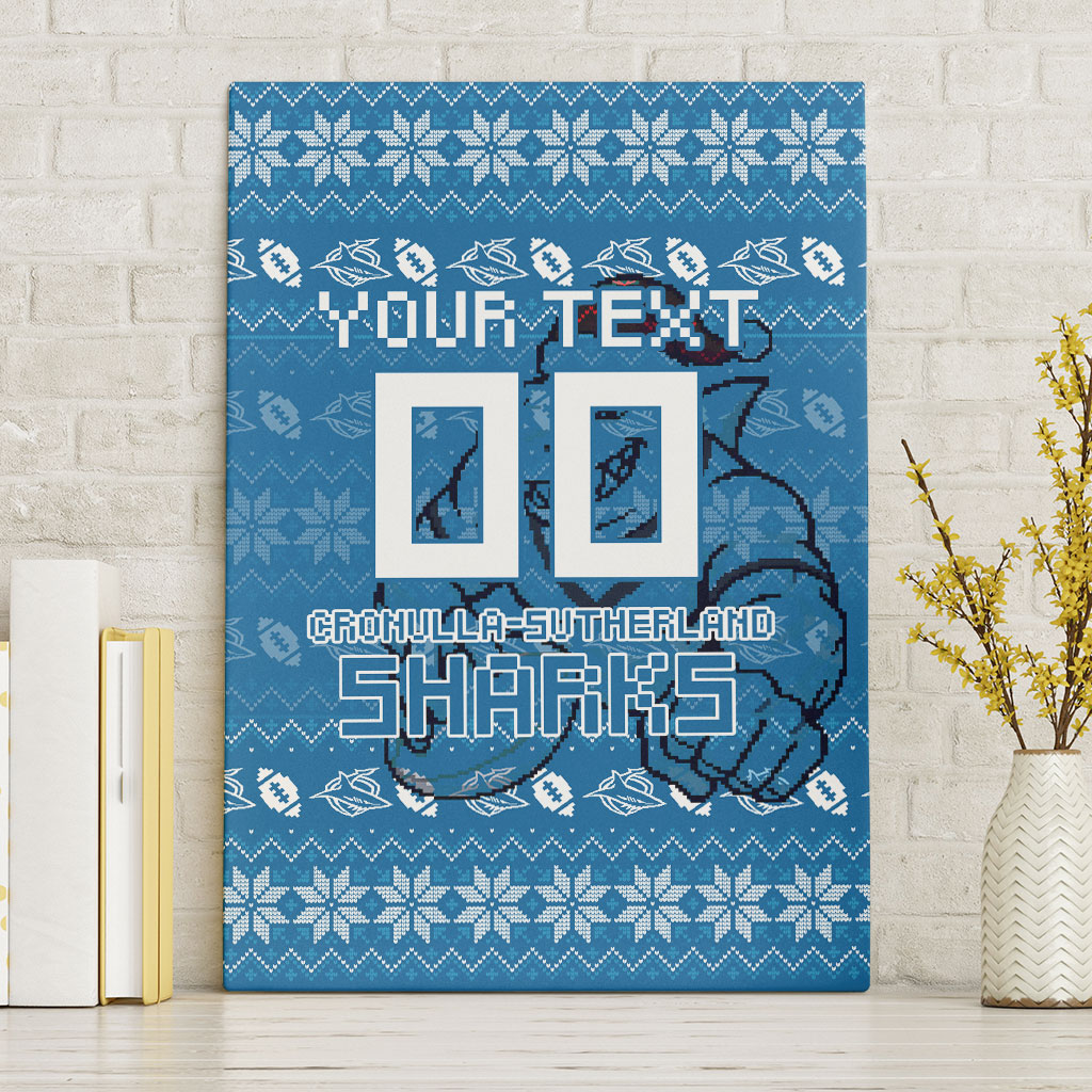 Personalized Cronulla Sharks Christmas Canvas Wall Art Australian Rugby Fans - Pixelated Ugly Xmas Pattern Mascot Santa