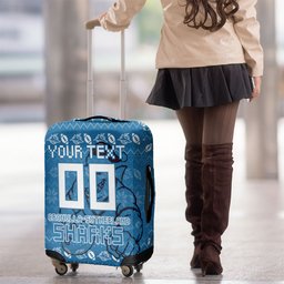 Personalized Cronulla Sharks Christmas Luggage Cover Australian Rugby Fans - Pixelated Ugly Xmas Pattern Mascot Santa