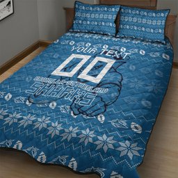Personalized Cronulla Sharks Christmas Quilt Bed Set Australian Rugby Fans - Pixelated Ugly Xmas Pattern Mascot Santa