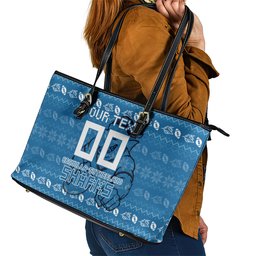 Personalized Cronulla Sharks Christmas Leather Tote Bag Australian Rugby Fans - Pixelated Ugly Xmas Pattern Mascot Santa