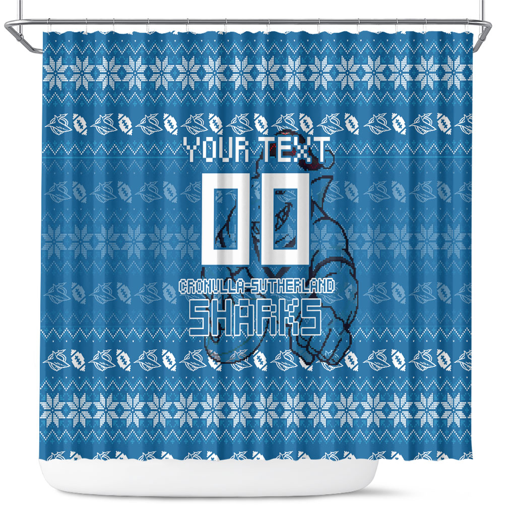 Personalized Cronulla Sharks Christmas Shower Curtain Australian Rugby Fans - Pixelated Ugly Xmas Pattern Mascot Santa