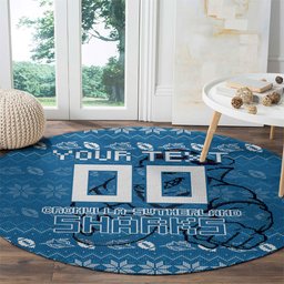 Personalized Cronulla Sharks Christmas Round Carpet Australian Rugby Fans - Pixelated Ugly Xmas Pattern Mascot Santa