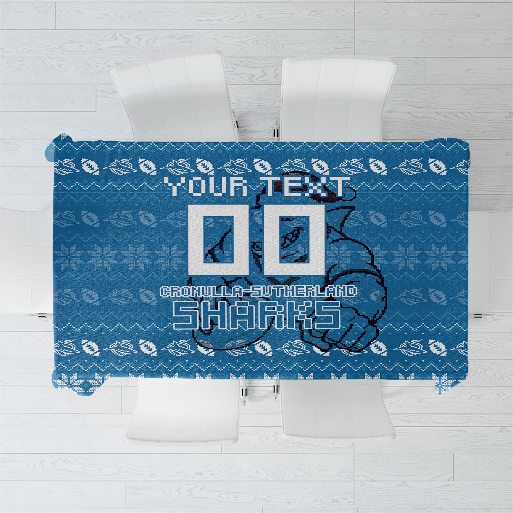 Personalized Cronulla Sharks Christmas Tablecloth Australian Rugby Fans - Pixelated Ugly Xmas Pattern Mascot Santa