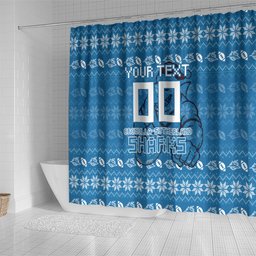 Personalized Cronulla Sharks Christmas Shower Curtain Australian Rugby Fans - Pixelated Ugly Xmas Pattern Mascot Santa