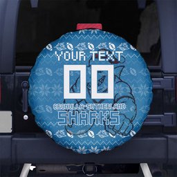 Personalized Cronulla Sharks Christmas Spare Tire Cover Australian Rugby Fans - Pixelated Ugly Xmas Pattern Mascot Santa