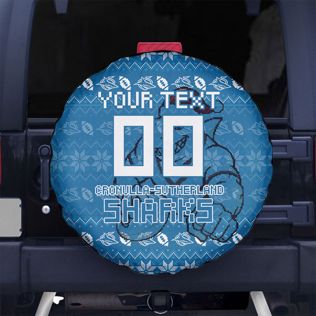 Personalized Cronulla Sharks Christmas Spare Tire Cover Australian Rugby Fans - Pixelated Ugly Xmas Pattern Mascot Santa