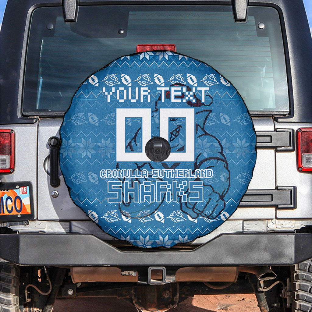 Personalized Cronulla Sharks Christmas Spare Tire Cover Australian Rugby Fans - Pixelated Ugly Xmas Pattern Mascot Santa