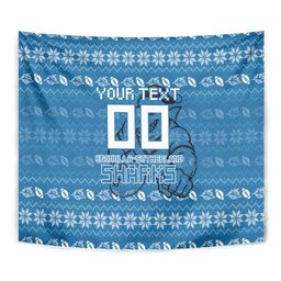 Personalized Cronulla Sharks Christmas Tapestry Australian Rugby Fans - Pixelated Ugly Xmas Pattern Mascot Santa