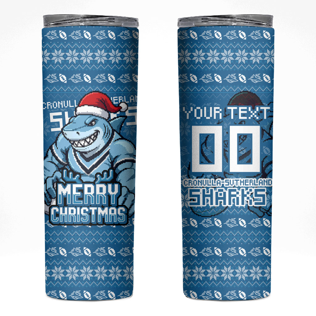 Personalized Cronulla Sharks Christmas Skinny Tumbler Australian Rugby Fans - Pixelated Ugly Xmas Pattern Mascot Santa