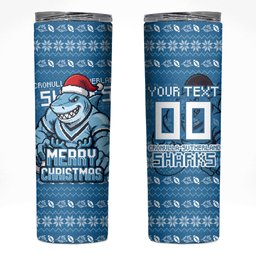 Personalized Cronulla Sharks Christmas Skinny Tumbler Australian Rugby Fans - Pixelated Ugly Xmas Pattern Mascot Santa