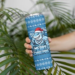 Personalized Cronulla Sharks Christmas Skinny Tumbler Australian Rugby Fans - Pixelated Ugly Xmas Pattern Mascot Santa