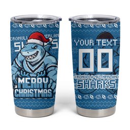 Personalized Cronulla Sharks Christmas Tumbler Cup Australian Rugby Fans - Pixelated Ugly Xmas Pattern Mascot Santa