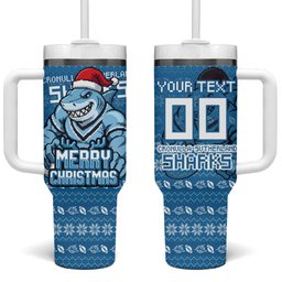 Personalized Cronulla Sharks Christmas Tumbler With Handle Australian Rugby Fans - Pixelated Ugly Xmas Pattern Mascot Santa