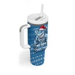 Personalized Cronulla Sharks Christmas Tumbler With Handle Australian Rugby Fans - Pixelated Ugly Xmas Pattern Mascot Santa