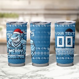 Personalized Cronulla Sharks Christmas Tumbler Cup Australian Rugby Fans - Pixelated Ugly Xmas Pattern Mascot Santa