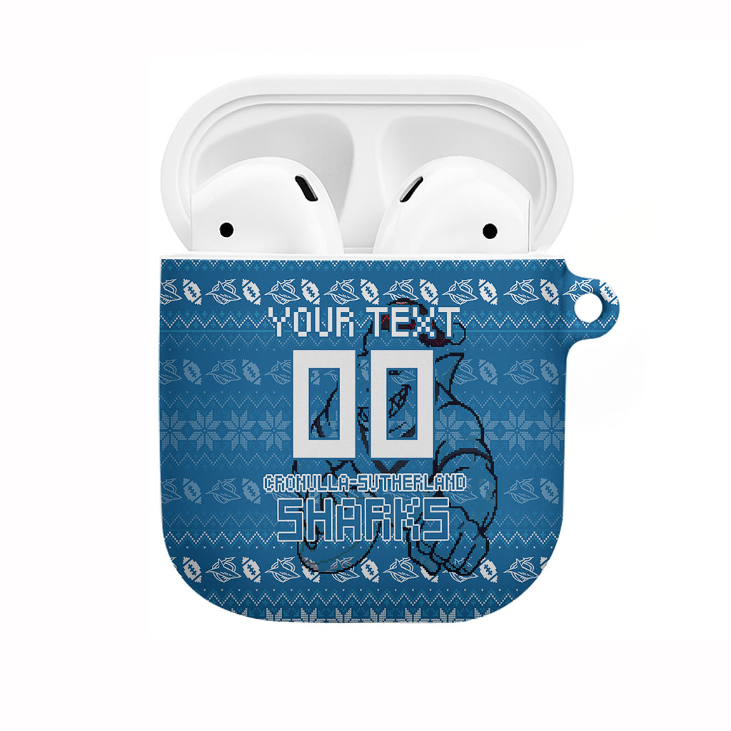 Personalized Cronulla Sharks Christmas AirPods Case Australian Rugby Fans - Pixelated Ugly Xmas Pattern Mascot Santa