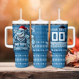 Personalized Cronulla Sharks Christmas Tumbler With Handle Australian Rugby Fans - Pixelated Ugly Xmas Pattern Mascot Santa