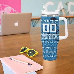 Personalized Cronulla Sharks Christmas Tumbler With Handle Australian Rugby Fans - Pixelated Ugly Xmas Pattern Mascot Santa