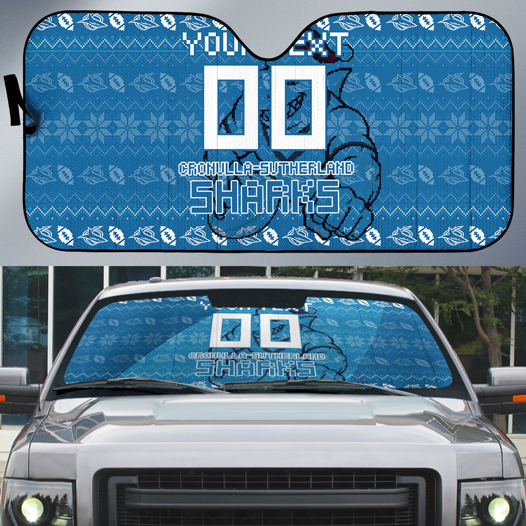Personalized Cronulla Sharks Christmas Auto Sun Shade Australian Rugby Fans - Pixelated Ugly Xmas Pattern Mascot Santa
