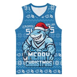 Personalized Cronulla Sharks Christmas Basketball Jersey Australian Rugby Fans - Pixelated Ugly Xmas Pattern Mascot Santa